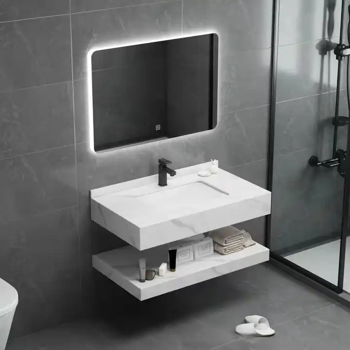 Europe luxury style washroom wall mounted marble basin vanity cabinet Bathroom Rock Slab Sinks with smart LED Mirror