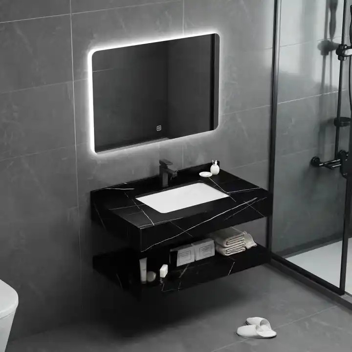 Europe luxury style washroom wall mounted marble basin vanity cabinet Bathroom Rock Slab Sinks with smart LED Mirror