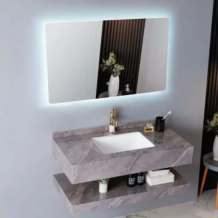 Europe luxury style washroom wall mounted marble basin vanity cabinet Bathroom Rock Slab Sinks with smart LED Mirror