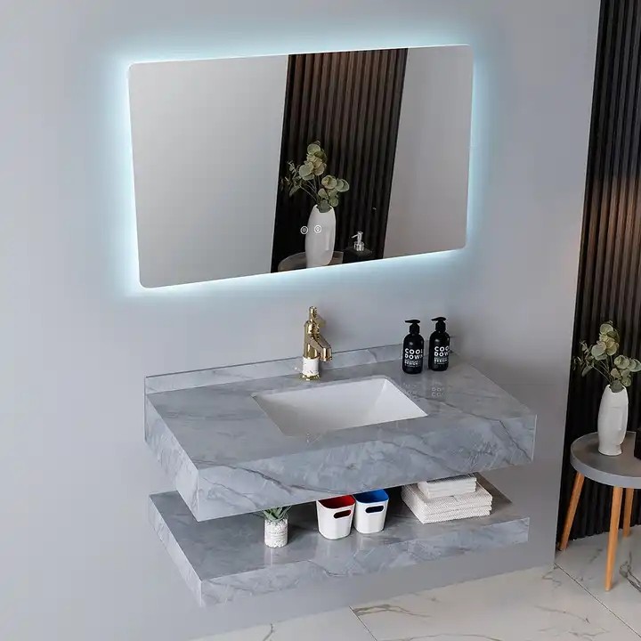 Europe luxury style washroom wall mounted marble basin vanity cabinet Bathroom Rock Slab Sinks with smart LED Mirror