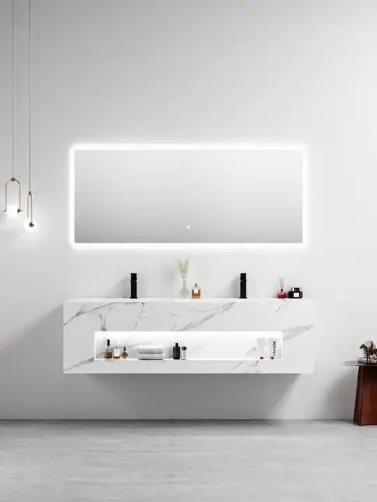 Hotel Style Wall Mount Floating Double sinks Rock Slate Bathroom Cabinet Vanity