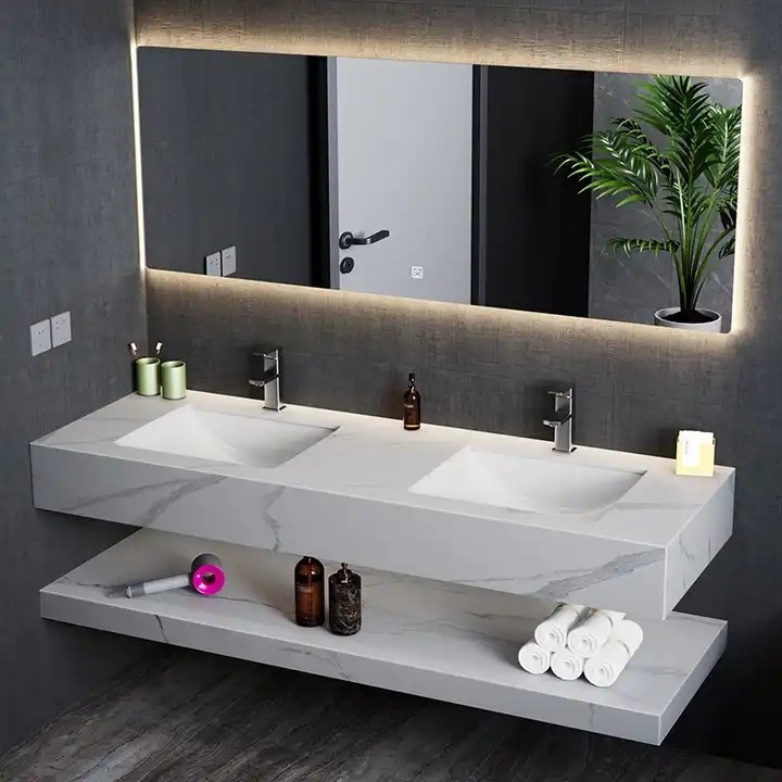Marble Solid Surface Washing Sink Artificial Stone Cabinet Basin Wall Hung Bathroom Vanity Slab Double Basin