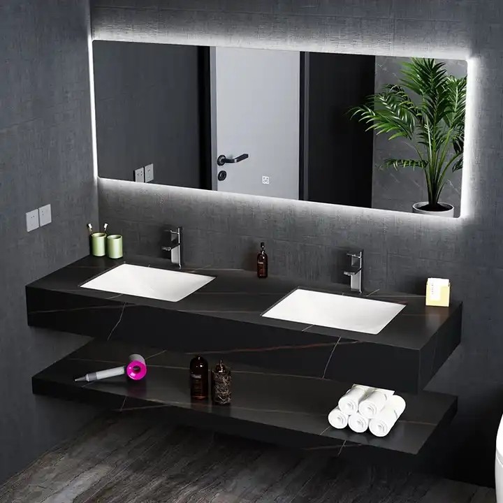 Marble Solid Surface Washing Sink Artificial Stone Cabinet Basin Wall Hung Bathroom Vanity Slab Double Basin