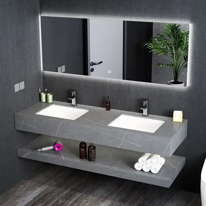 Marble Solid Surface Washing Sink Artificial Stone Cabinet Basin Wall Hung Bathroom Vanity Slab Double Basin