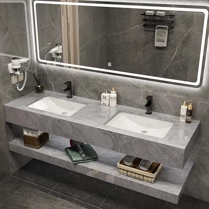 Marble Solid Surface Washing Sink Artificial Stone Cabinet Basin Wall Hung Bathroom Vanity Slab Double Basin