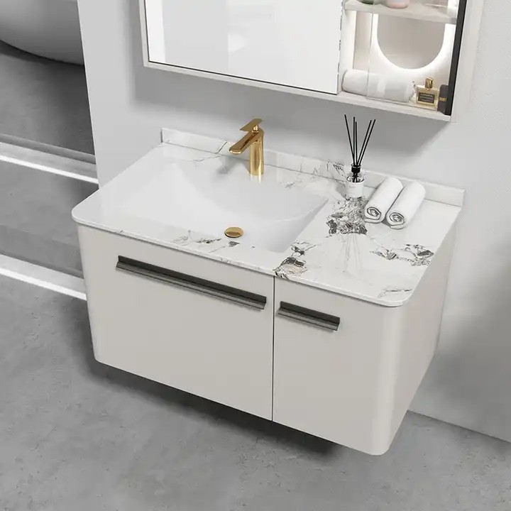 Customized Left Sided Bathroom Floating Vanity Set White Color Wood Storage Cabinet