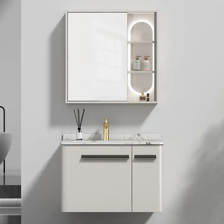 Customized Left Sided Bathroom Floating Vanity Set White Color Wood Storage Cabinet
