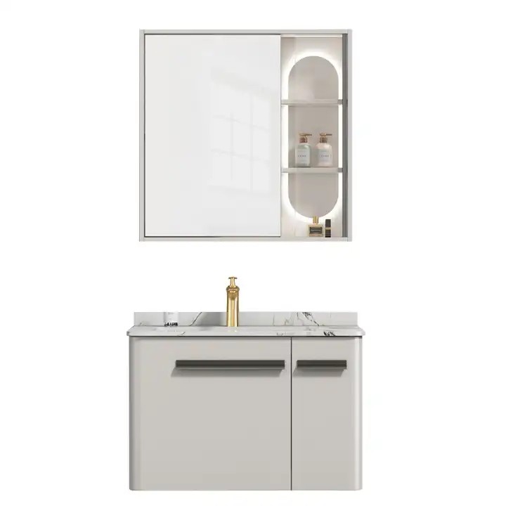 Customized Left Sided Bathroom Floating Vanity Set White Color Wood Storage Cabinet