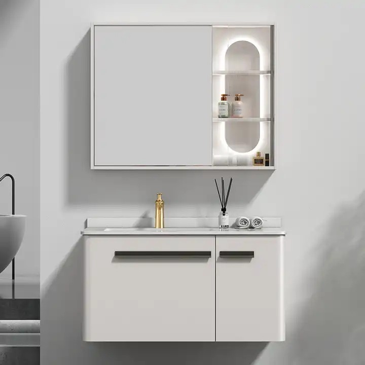 Customized Left Sided Bathroom Floating Vanity Set White Color Wood Storage Cabinet