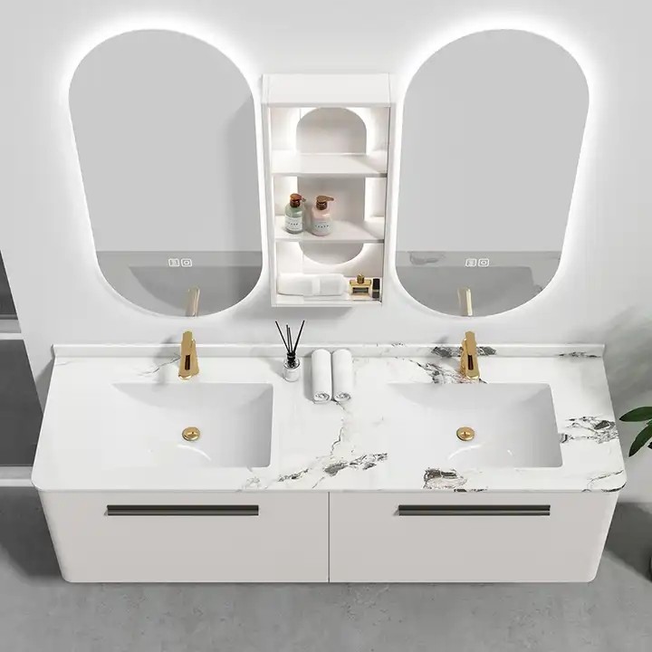 Cultured Marble 72 Inch Double Sink Floating Vanity White Glossy Modern Bathroom Cabinet With Mirror