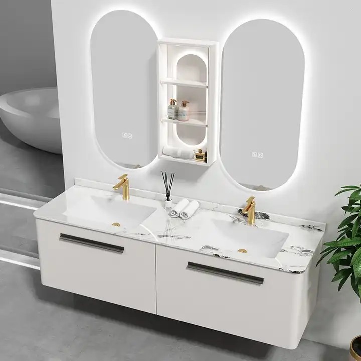 Cultured Marble 72 Inch Double Sink Floating Vanity White Glossy Modern Bathroom Cabinet With Mirror