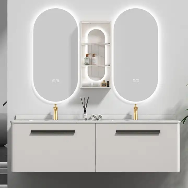 Cultured Marble 72 Inch Double Sink Floating Vanity White Glossy Modern Bathroom Cabinet With Mirror