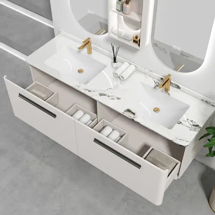 Cultured Marble 72 Inch Double Sink Floating Vanity White Glossy Modern Bathroom Cabinet With Mirror