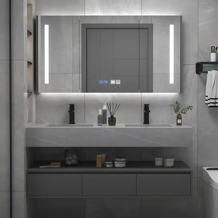 Luxury Hotel Floating 150cm Double Basins Bathroom Vanity Set Modern Bath Cabinet With Led Mirror