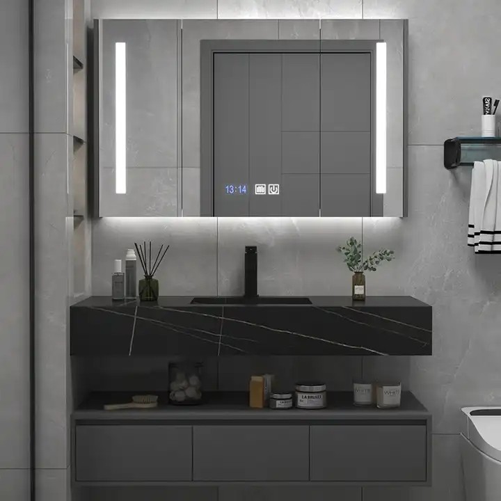 Luxury Hotel Floating 150cm Double Basins Bathroom Vanity Set Modern Bath Cabinet With Led Mirror