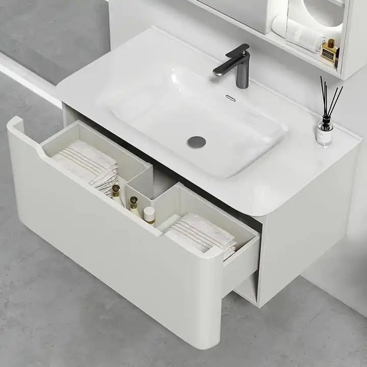 Top White Lacquer Floating Cabinet Basin Wall Mounted Modern Bathroom Vanity Cabinet With Smart Mirror