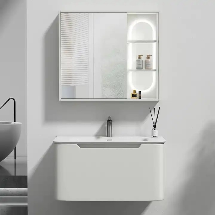 Top White Lacquer Floating Cabinet Basin Wall Mounted Modern Bathroom Vanity Cabinet With Smart Mirror