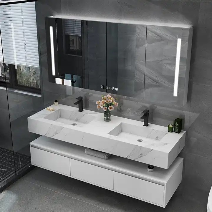 Luxury Wall Mounted Plywood Cabinets Slate Countertop Floating Bathroom Vanity With Double Sink