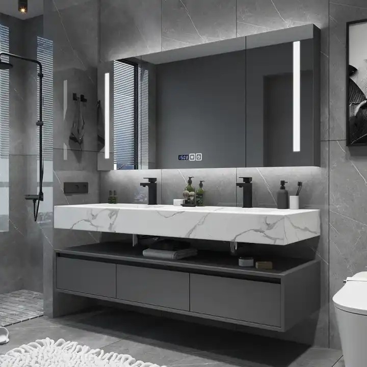 Luxury Wall Mounted Plywood Cabinets Slate Countertop Floating Bathroom Vanity With Double Sink