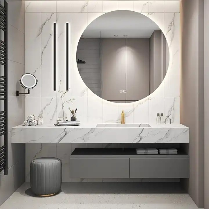 Luxury Wall Mounted Plywood Cabinets Slate Countertop Floating Bathroom Vanity With Double Sink