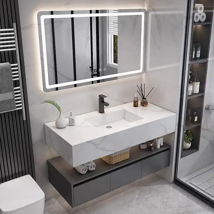 Luxury Wall Mounted Plywood Cabinets Slate Countertop Floating Bathroom Vanity With Double Sink