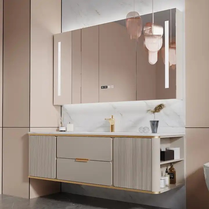 Modern Luxury Slate Countertop Gold Fluted Wall Mount Floating Cabinet Bathroom Vanity With Sink