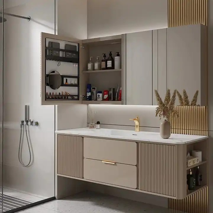 Modern Luxury Slate Countertop Gold Fluted Wall Mount Floating Cabinet Bathroom Vanity With Sink