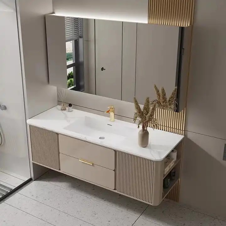 Modern Luxury Slate Countertop Gold Fluted Wall Mount Floating Cabinet Bathroom Vanity With Sink