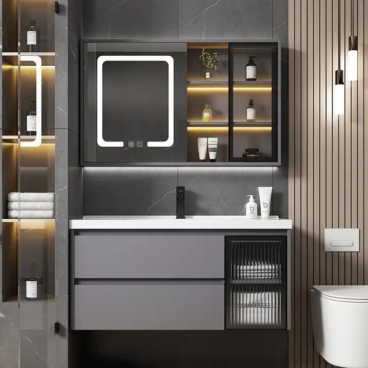 Modern luxury plywood bathroom vanities with ceramic sink 100 cm new wall hung plywood bathroom vanity with LED mirror cabinet