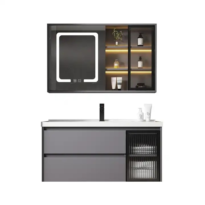 Modern luxury plywood bathroom vanities with ceramic sink 100 cm new wall hung plywood bathroom vanity with LED mirror cabinet