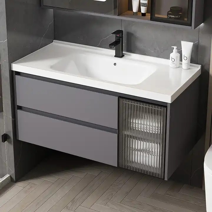 Modern luxury plywood bathroom vanities with ceramic sink 100 cm new wall hung plywood bathroom vanity with LED mirror cabinet