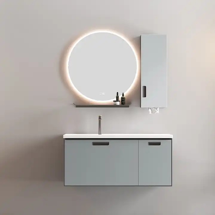 Luxury hotel furniture single ceramic sink vanities wall mounted plywood bathroom vanities with round smart mirror