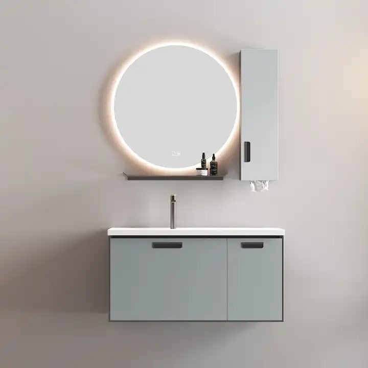 Luxury hotel furniture single ceramic sink vanities wall mounted plywood bathroom vanities with round smart mirror