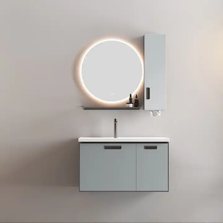 Luxury hotel furniture single ceramic sink vanities wall mounted plywood bathroom vanities with round smart mirror