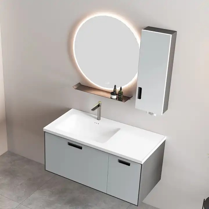 Luxury hotel furniture single ceramic sink vanities wall mounted plywood bathroom vanities with round smart mirror