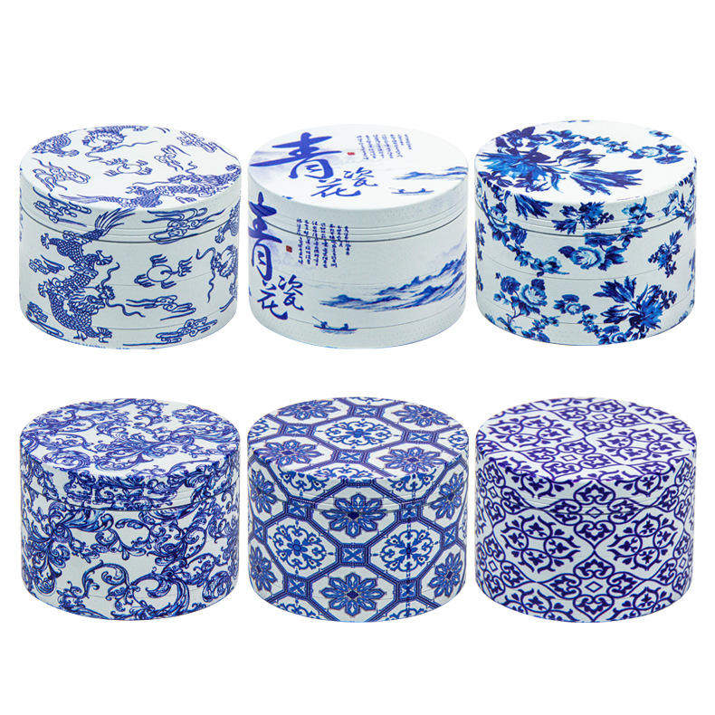 Blue and white pottery pattern metal zinc alloy flat plate, four layers, 55mm tobacco grinder