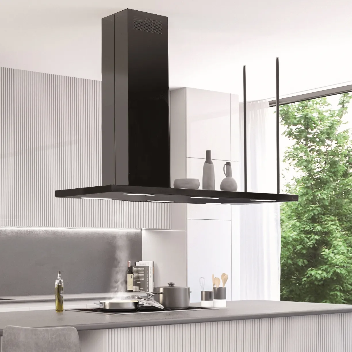 LX1905，High quality manufacturing design Black Island range Hood 146x60 cm for kitchen and cooking, Exhaust air volume 11-14 m3 /min, Power (W) 230.0, Voltage (V) 240 Size (cm) cm 116x60 - 146x60 - 176x60