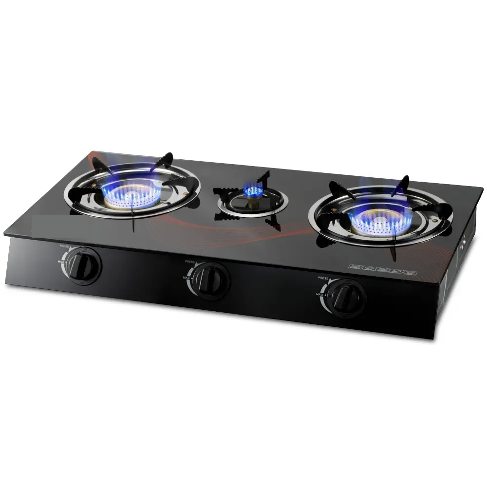 LX2014，High quality multi-functional butane gas stove Electric kitchen 3 burner gas stove, After-sales service system free spare parts, Warranty for 1 year, Three stove heads, Panel Tempred Glass, Burner material Cast Iron+Alunimum, Unit weight(g) 5980 No. of Gas Burner 3