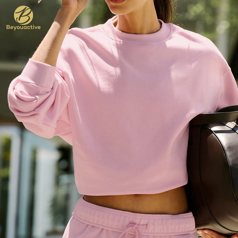 Custom Women Oversized Crew Neck Cropped Sweatshirt Casual Long Sleeve Top
