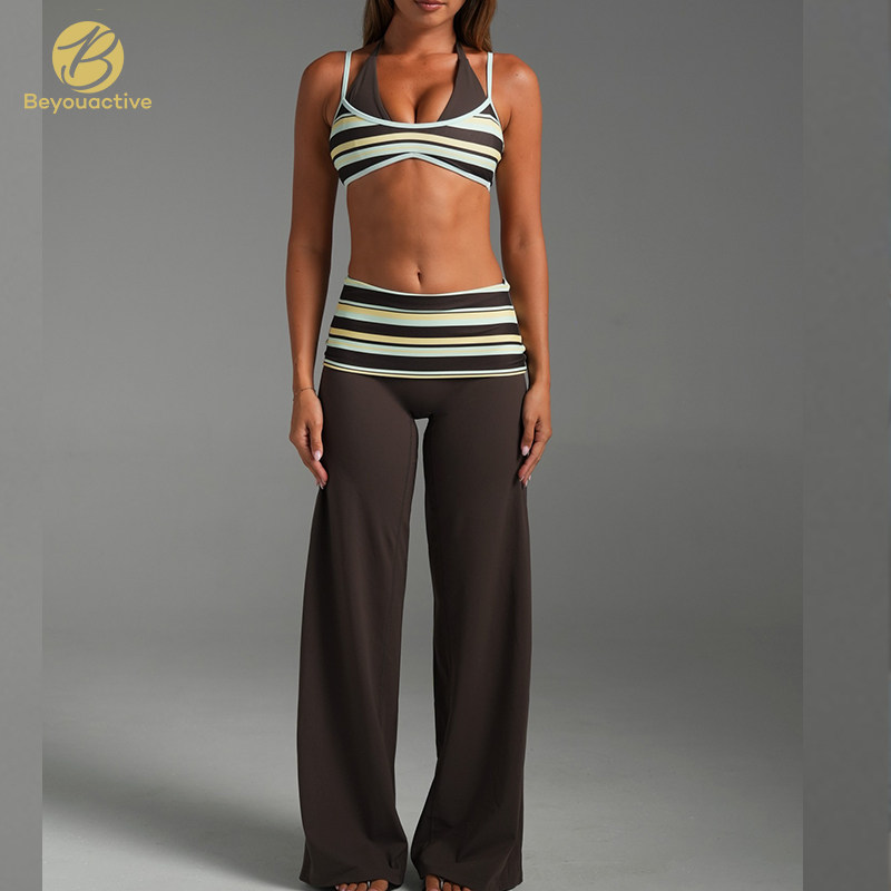 Custom Y2K Striped Color Block 2-Piece Lounge Set – Halter Sports Bra & High-Waist Wide Leg Pants