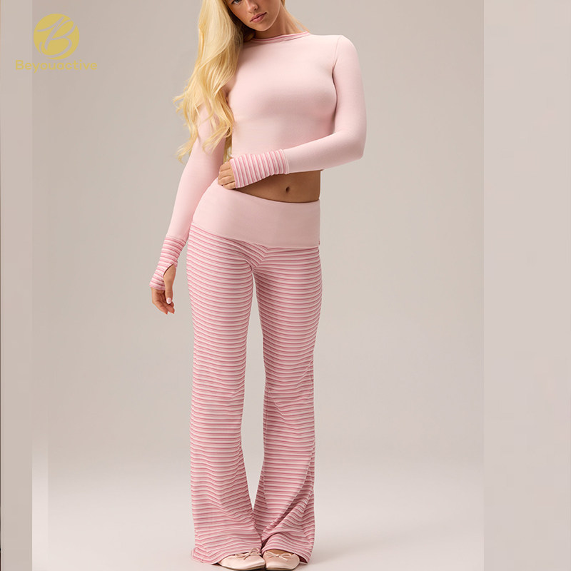 Custom Cozy Pink Striped 2-Piece Lounge Set – Fitted Long Sleeve Crop Top & Flare Pants