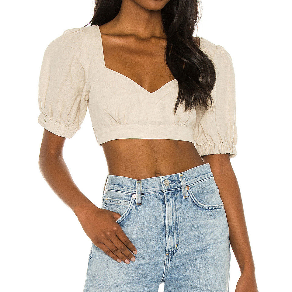 LATEST STYLE WOMEN NEW SHORT SLEEVE CASUAL SEXY LINEN CROP TOPS