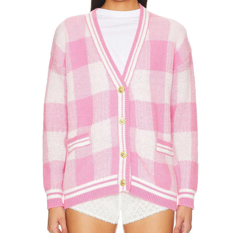 FASHION WOMEN CASUAL NEW LIGHTWEIGHT SWEATERS KNIT RIBBED PINK PLAID CARDIGANS