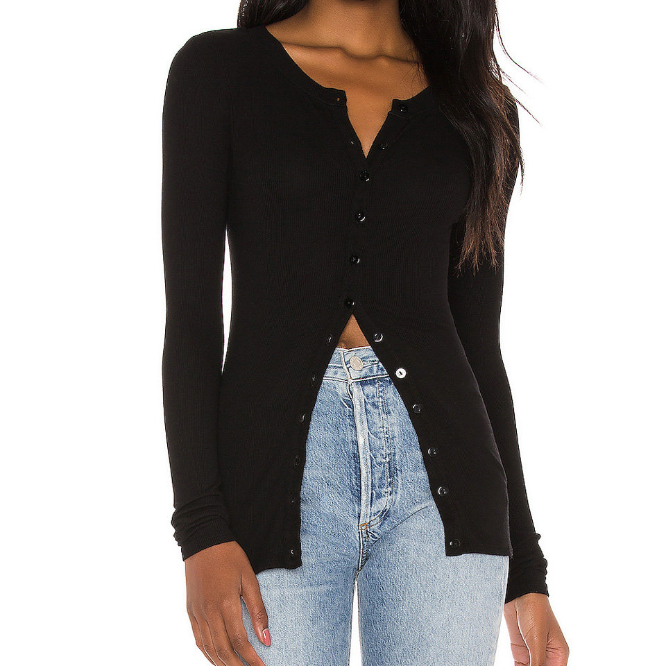 WOMEN SILK RIB FITTED BODYCON LONG SLEEVE BLACK SWEATERS SEXY BUTTON FRONT CARDIGANS