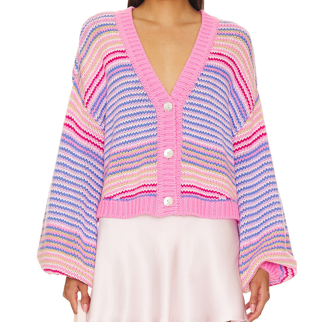 LADIES OVERSIZED CHUNKY KNIT COTTON SWEATERS PINK MULTI STRIPE RAINBOW CARDIGANS