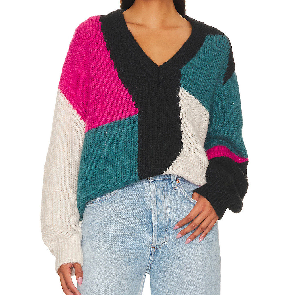 PINK AND BLUE BLOCK COLOR V-NECK FUZZY RIBBED WOOL PULLOVER SWEATERS & KNITS FOR WOMEN