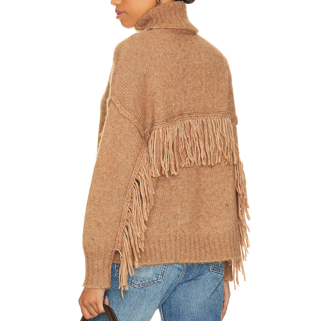 TURTLENECK MIDWEIGHT KNIT WITH FRINGE AT BACK TAN SWEATER & KNITS FOR WOMEN