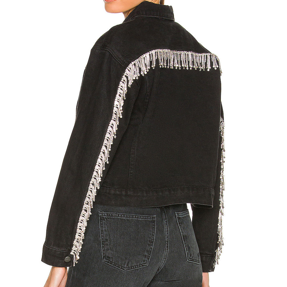 CUSTOM FASHION WOMEN VINTAGE DESIGN BLACK DENIM CROPPED JACKET WITH RHINESTONE FRINGE AT BACK