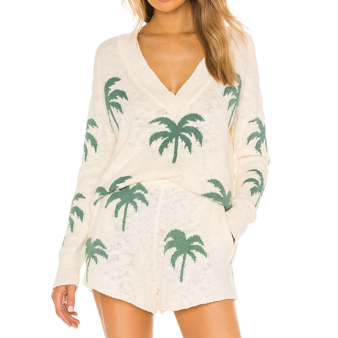 SUMMER HOT WOMEN WHITE CASUAL BEACH PALM TREE KNIT TWO PIECES SHORTS SWEATERS SETS