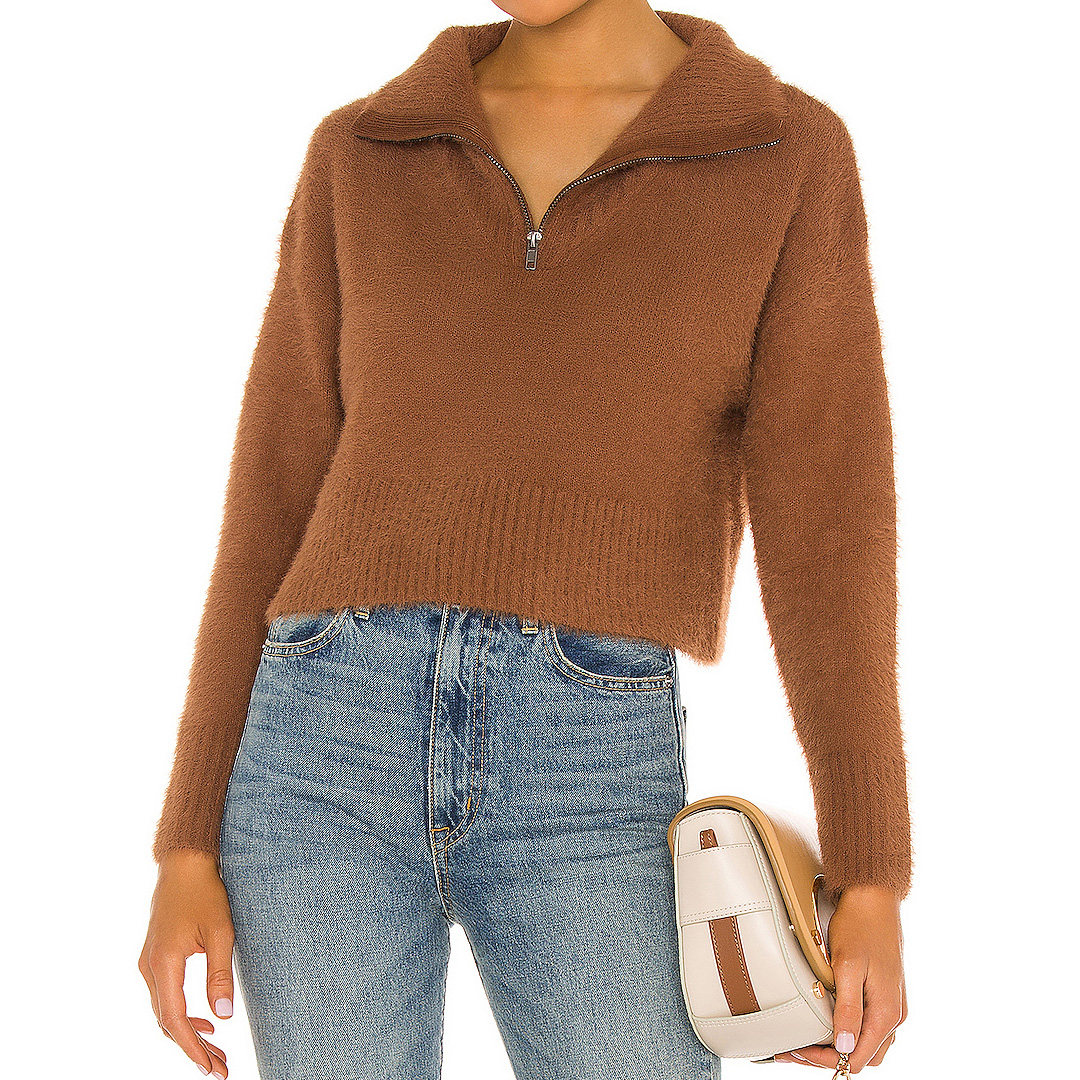 KHAKI HALF ZIP UP SOFT FUZZY CROPPED PULLOVER SWEATERS FOR WOMEN